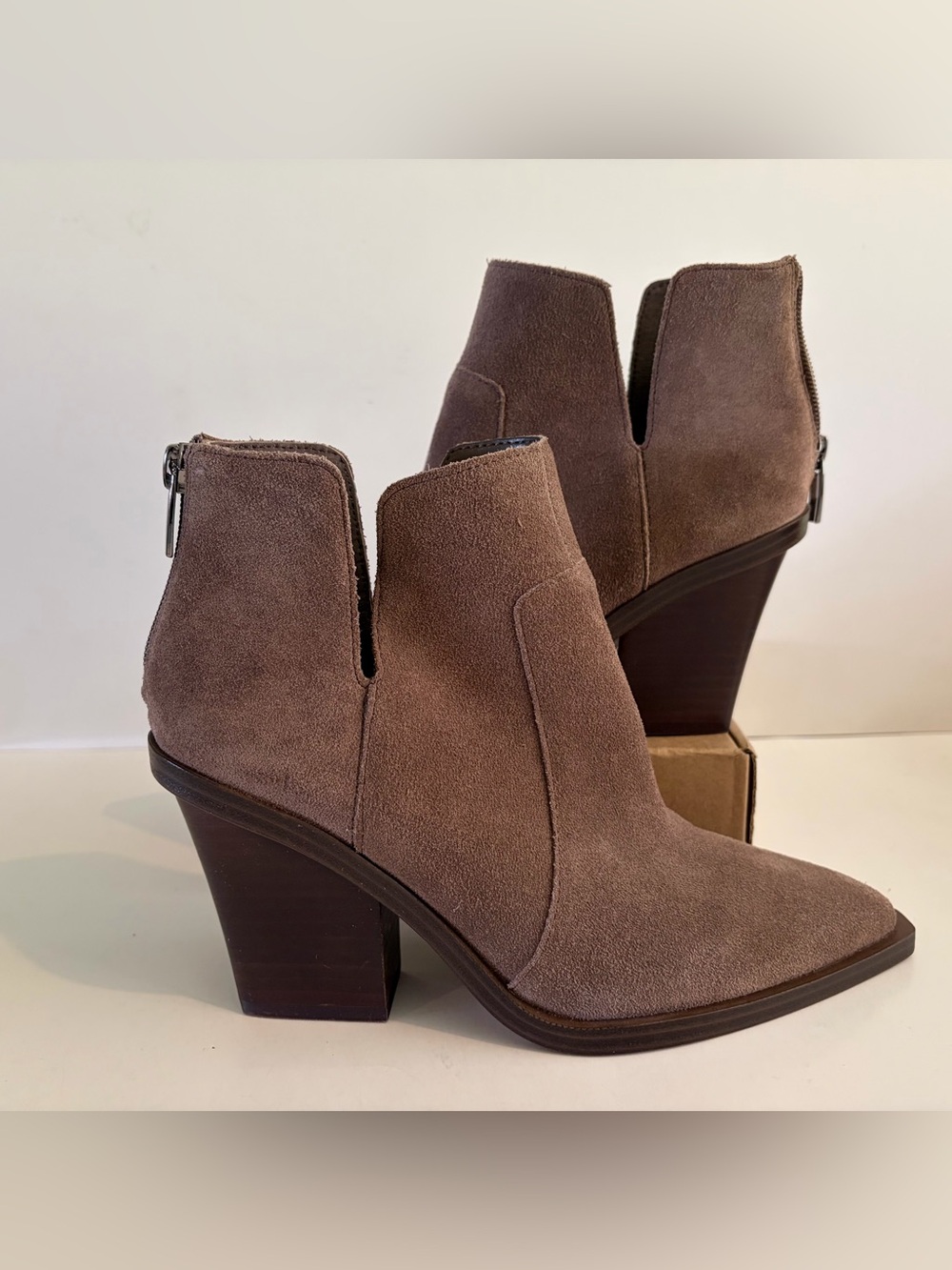 Vince Camuto Taupe Suede Cutout Ankle Booties with zippered back
